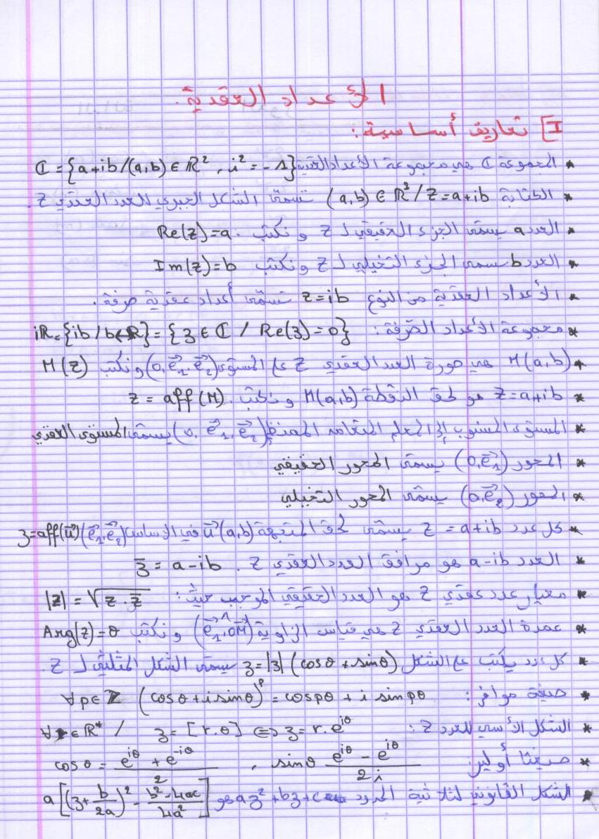ملخص لدرس الاعداد العقدية Math11