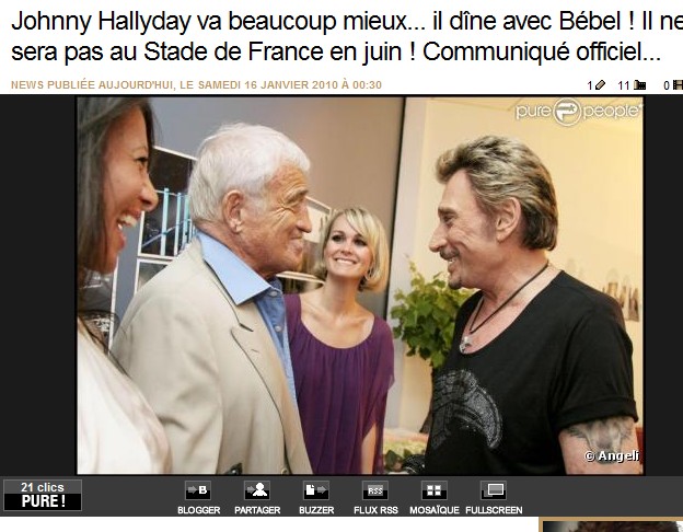 Johnny Hallyday va beaucoup mieux... il dîne avec Bébel ! Il ne sera pas au Stade de France en juin ! Communiqué officiel... 2010-034