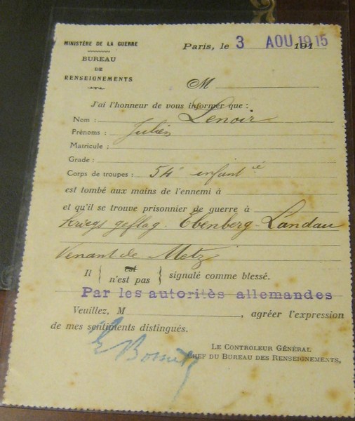 Billet de signalement pour le soldat Julien LENOIR prisonnier en 1915 Img-4310