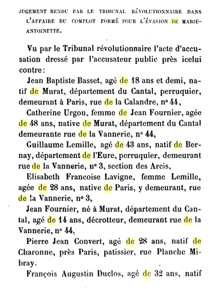16 janvier 1794: Jugement dans l'affaire du complott formé pour l'évasion de Marie-Antoinette 177