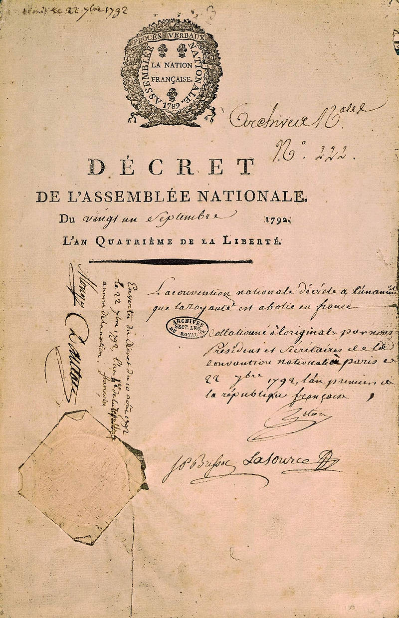 21 septembre 1792: Décret de la Convention abolissant la Royauté Dycret10