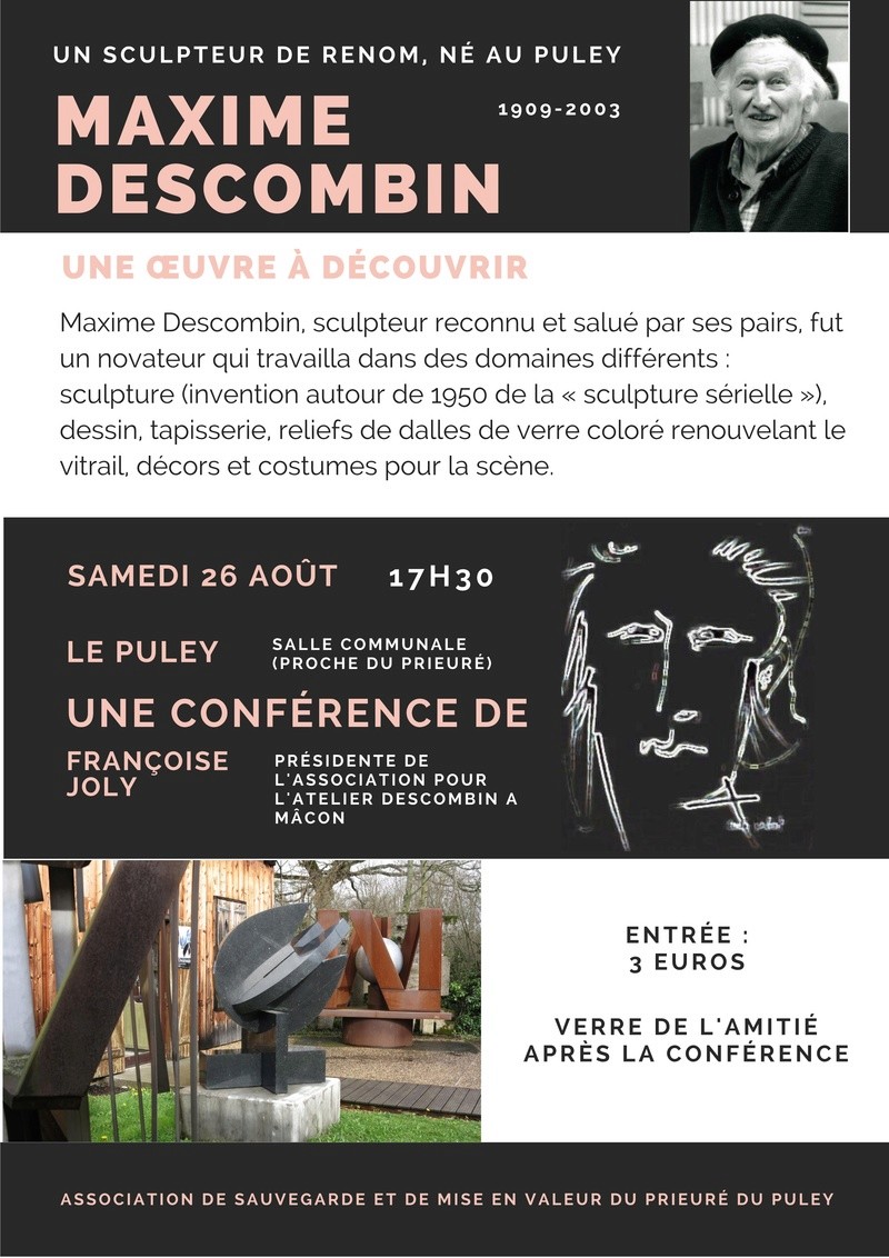 26 août, à 17H30, LE PULEY, conférence donnée par Françoise JOLY, sur Maxime DECOMBIN, sculpteur né au Puley (1909-2003) 133