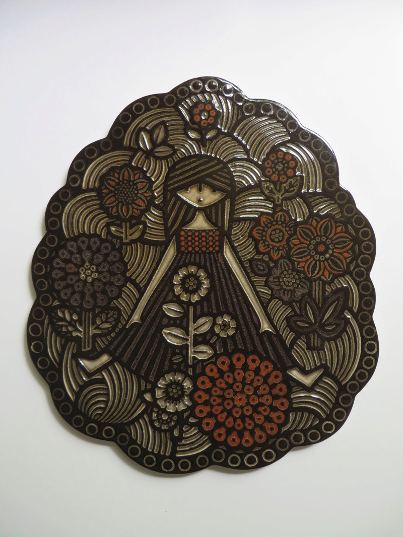 Stylised girl in a garden large ceramic wall plaque. Unmarked. Img_2410