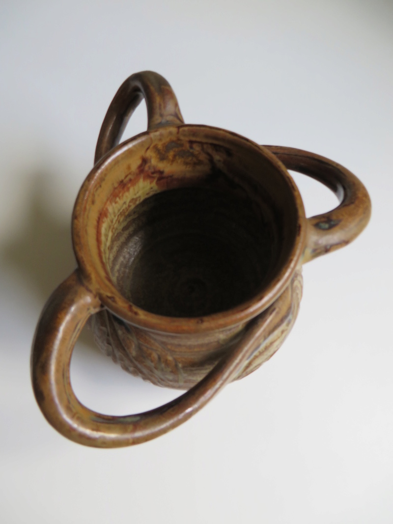3-handed brown glazed stoneware pot impressed mark to base Img_6026