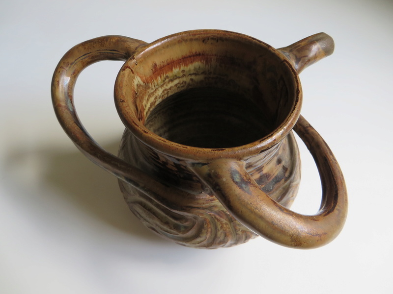 3-handed brown glazed stoneware pot impressed mark to base Img_6029