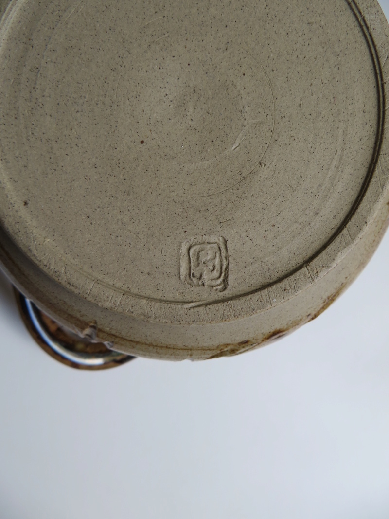 3-handed brown glazed stoneware pot impressed mark to base Img_6030