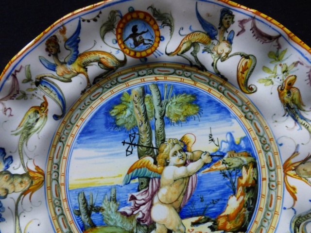 Céramique italienne  CANTAGALLI  au putto signature au coq XIXe Assiet19