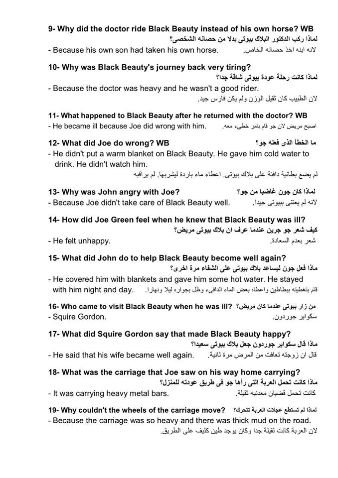 قصة بلاك بيوتي الصف الثالث الاعدادى سؤال وجواب .. اهداء الاستاذ حسام القللى 914
