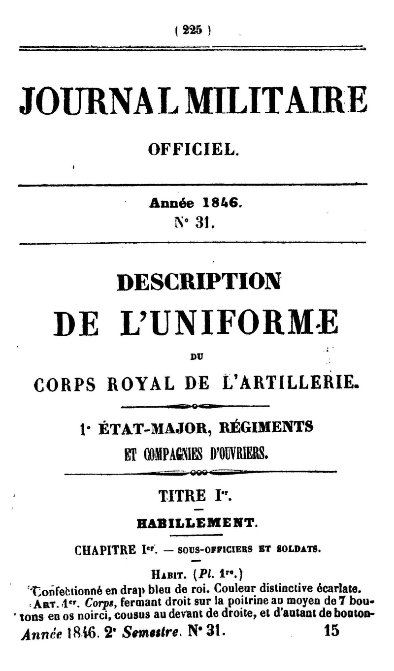 La selle d'artillerie modèle 1861. Sacoches et bissac. Harnachements d'attelage 184610