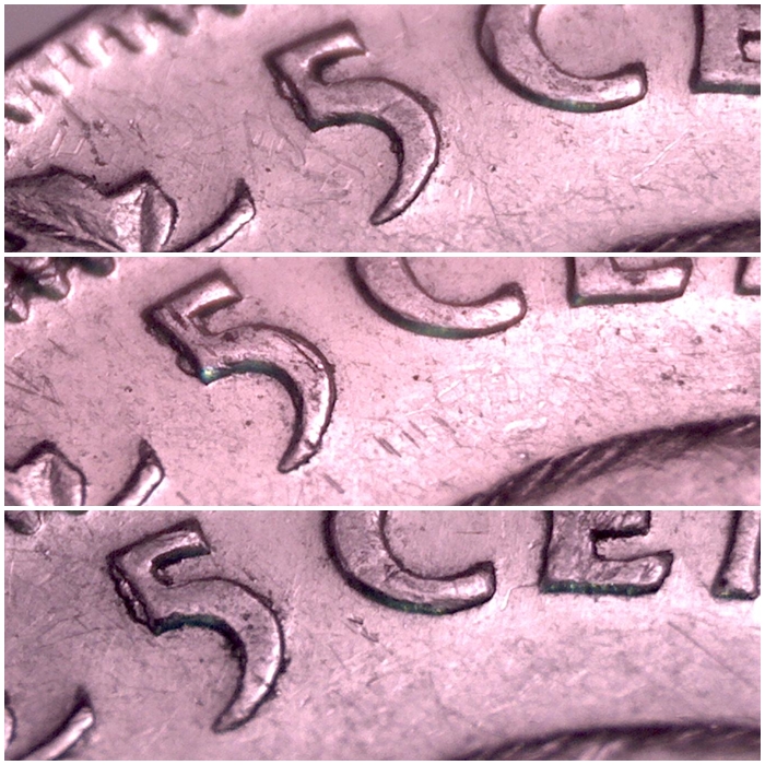 1954 - Éclats de Coin # 1 sur le 5 de Cents (Die Chip) 1954_v10