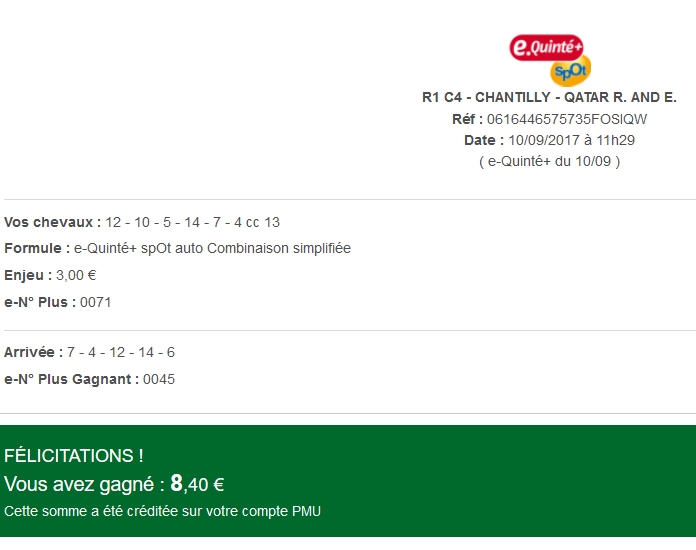 10/09/2017 --- CHANTILLY --- R1 C4 --- Mise 12 € => Gains 8.4 €   Screen69