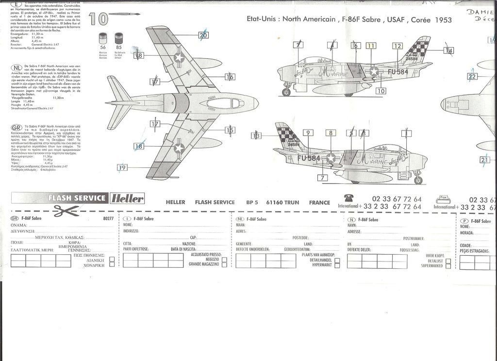 NORTH AMERICAN F 86F SABRE 1/72ème Réf 80277 Notice Helle218
