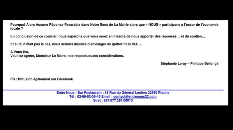 courrier "ENTRE NOUS RESTAURANT  PLOUHA" à l'attention du maire Mr DELSOL le 22.09.2017 Sans_606