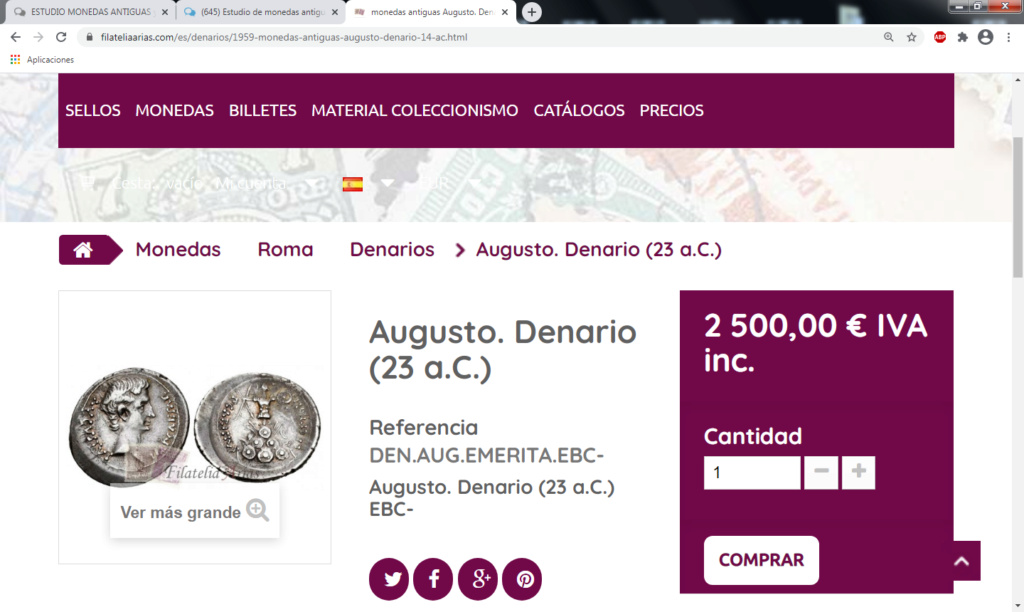 Denario de Emerita de Augusto a la venta en tienda de Madrid. Arias10