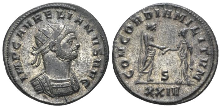 Antoniniano de Aureliano. CONCORDIA MILITVM. Concordia y Emperador. Siscia Image025