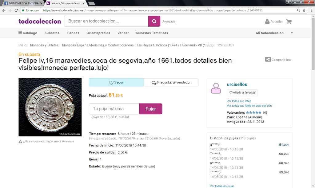 Felipe iv,16 maravedíes, segovia 1661 todos detalles bien visibles!moneda perfecta.lujo! Sin_ty78