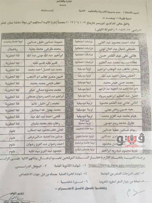 أسماء و تخصصات  المعلمين " اصحاب الحظ السعيد " المعاريين إلى عمان والبحرين وتم قبولهم  73110