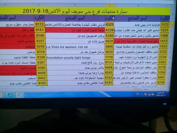 بيان بمنتجات ماى واى التى توفرت اليوم الاثنين 18-9-2017   بفرع بني سويف 870