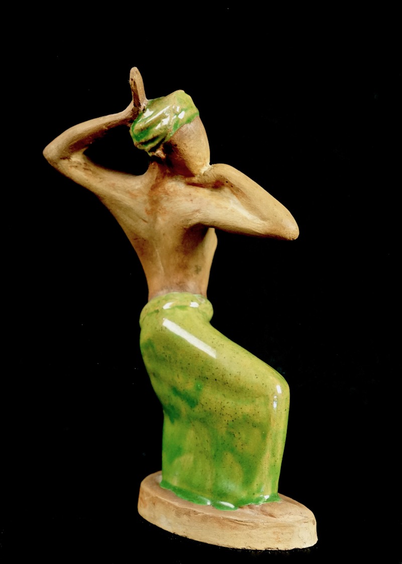 Pottery Figurine Sculpture of a Topless Indigenous Dancer with Turban Bali_d37