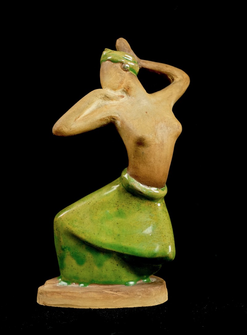 Pottery Figurine Sculpture of a Topless Indigenous Dancer with Turban Bali_d38