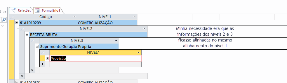 Folha de Dados com exibição alinhada na mesma linha Alinha10