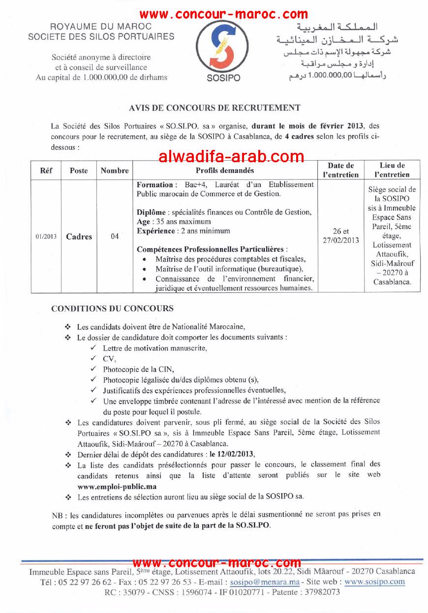 Société des Silos Portuaires (SOSIPO) : Concours de recrutement 04 cadres avant le 12 février 2013 Concou52