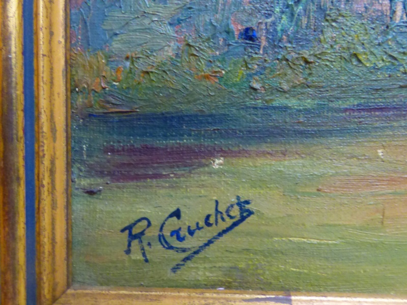 Une peinture : Un clocher tordu  signé R.CRUCHET Cruche10