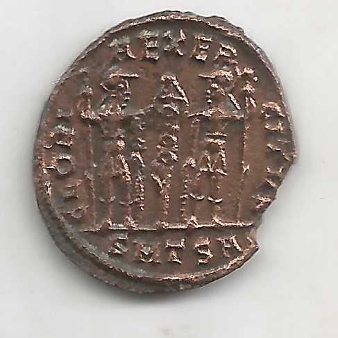 AE4 o centenional de Constantino I. GLORIA EXERCITVS. Soldados entre 1 estandarte. Tesalónica Esczen51