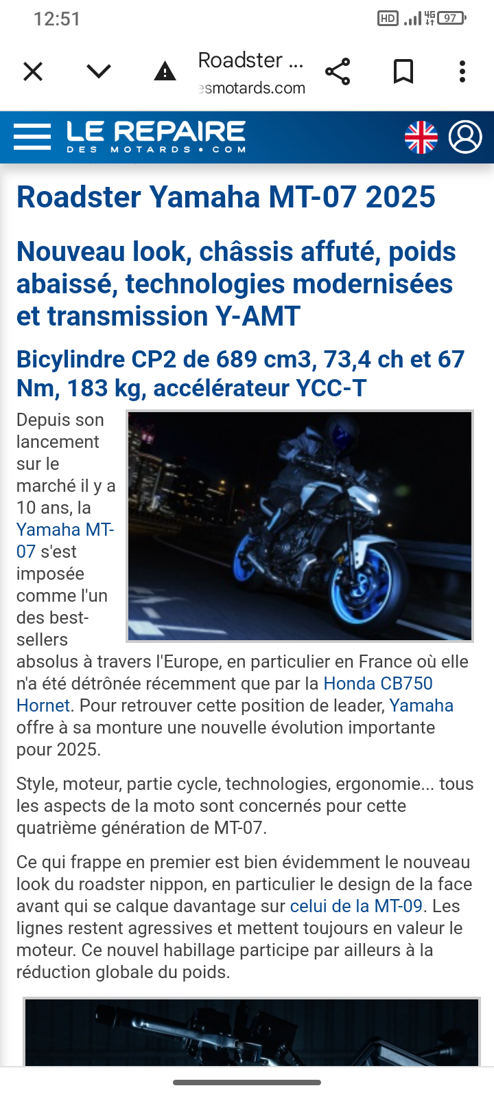 Yamaha MT 07 2025 : peut elle faire de l'ombre à la hornet ? Scree366