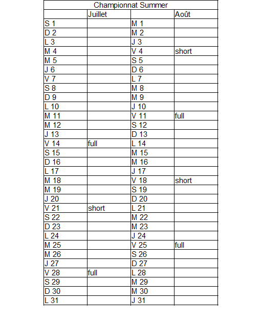 Calendrier Championnat Summer Planni44