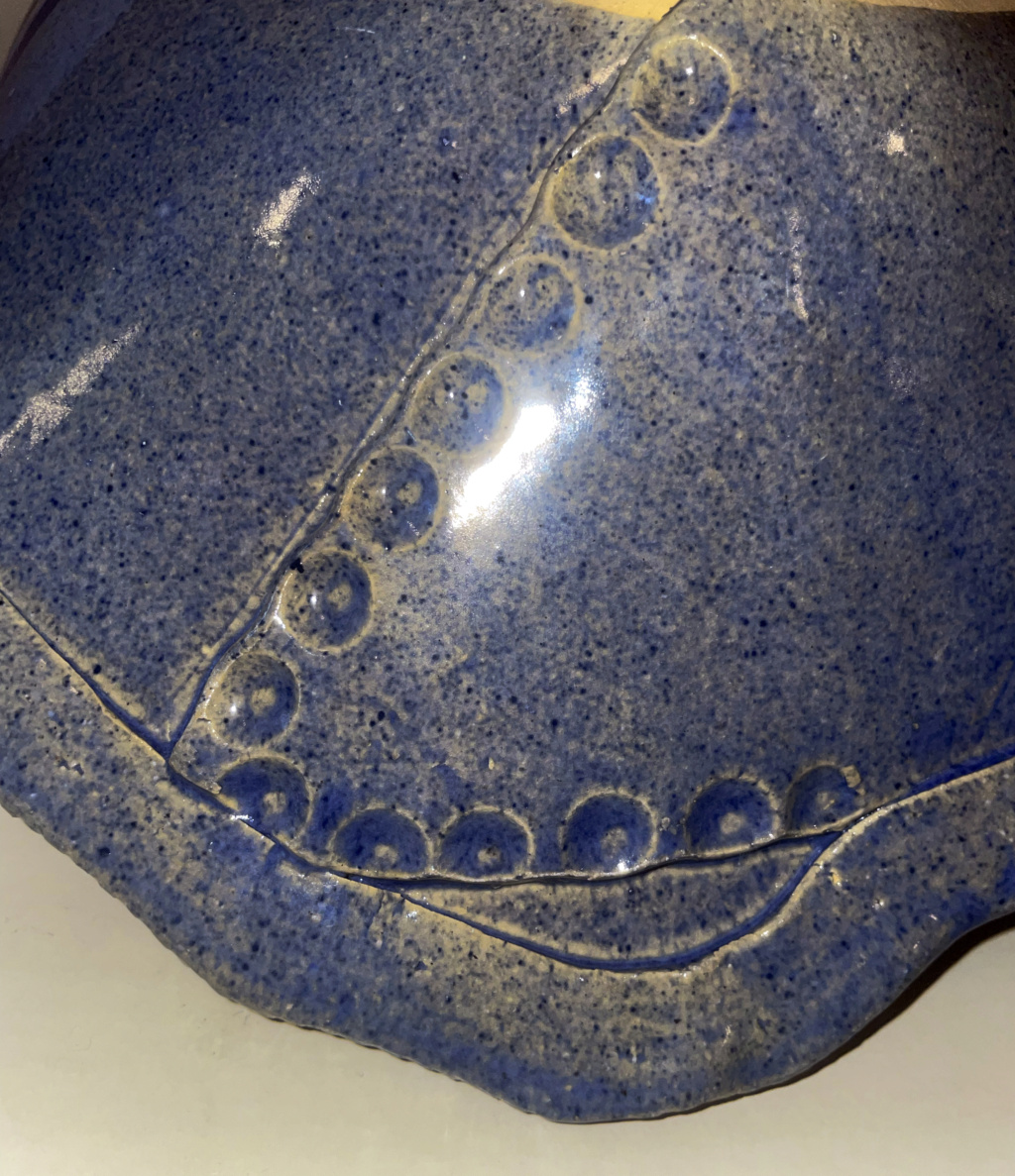Blue Stamped & Textured Fruit/Salad Bowl with Cube Handles, Marked B or BT Stampd10