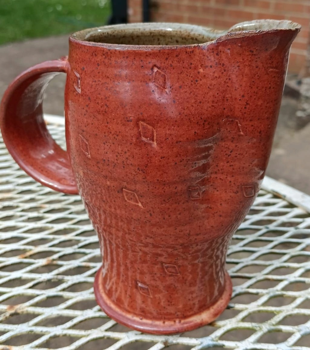 Pretty red glazed jug, W mark - Karen Ann Wood  Whatsa10