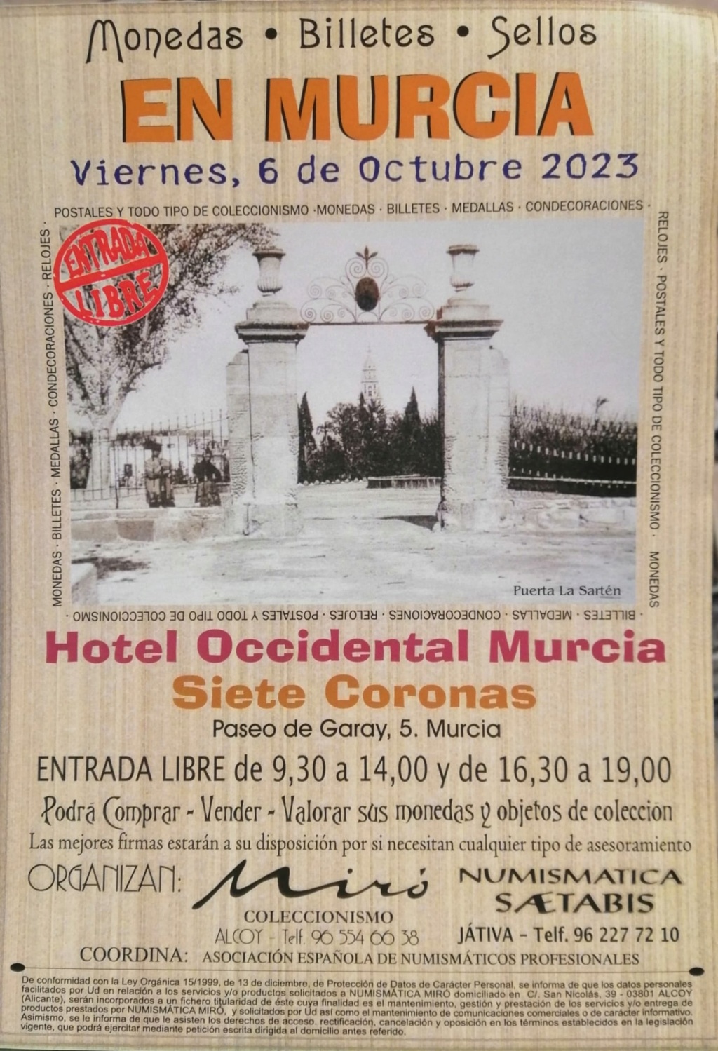 Convención numismática Murcia. MIRÓ - SAETABIS Hotel 7 CORONAS, 6 de octubre. 38248610