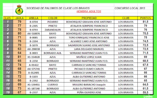 CLASIFICACIONES CONCURSO LOCAL LOS BRAVOS 2013 Hembra11