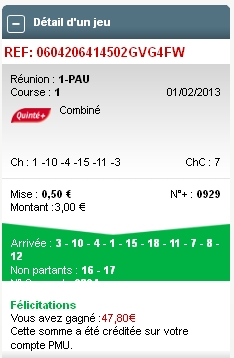 01/02/13 --- PAU --- R1C1 --- Mise 30 € => Gains 52,15 € Screen61