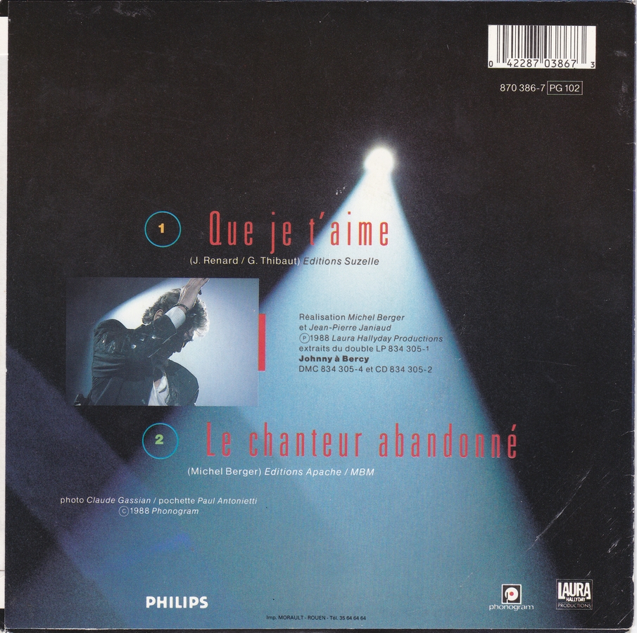 Que je t'aime / Le chanteur abandonné ( Bercy 87 )( 2 Pochette )( 1988 ) 1988_726