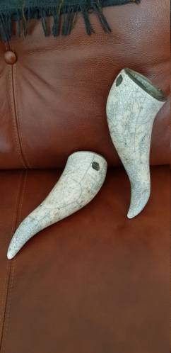 Pair of raku crackle glaze horn shaped vessels, SB mark?   20190810
