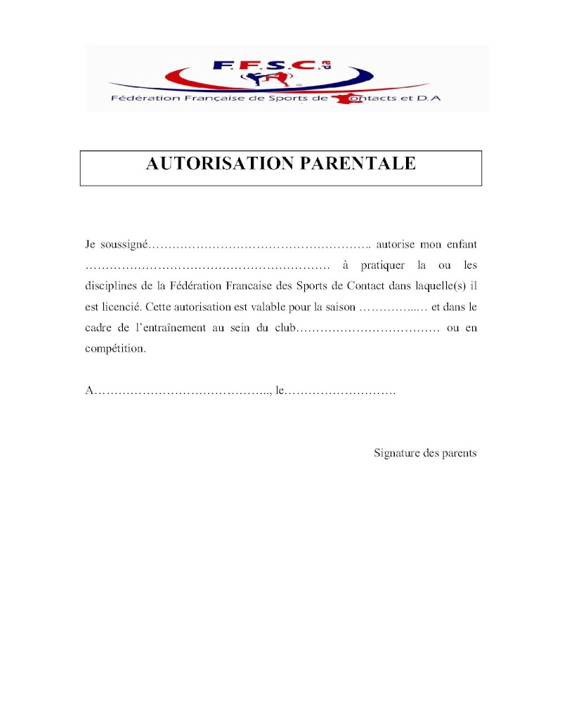 AUTORISATION PARENTALE DE PRATIQUE PIEDS-POINGS (-18 ans) Ffscda11