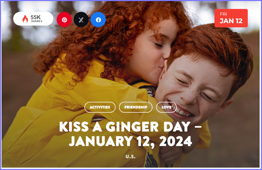 National Today January 12 2024 * Kiss a Ginger Day * Jan_1210