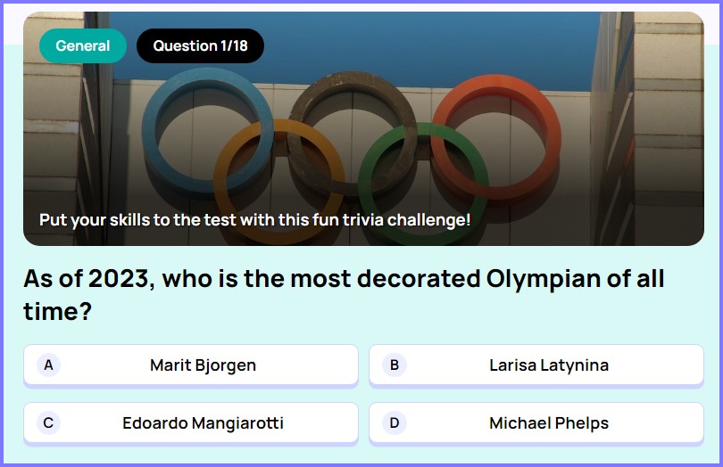 WIZETRIVIA QUIZ * As of 2023, who is the most decorated Olympian of all time? * Scree190