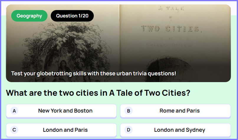 WIZE TRIVIA QUIZ * What are the two cities in A Tale of Two Cities? * Scree218