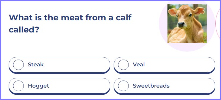 QUIZ TREAT QUIZ * What is the meat from a calf called? * Scree286