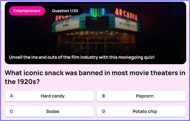 WIZE TRIVIA QUIZ * What iconic snack was banned in most movie theaters in the 1920s? * Scree333