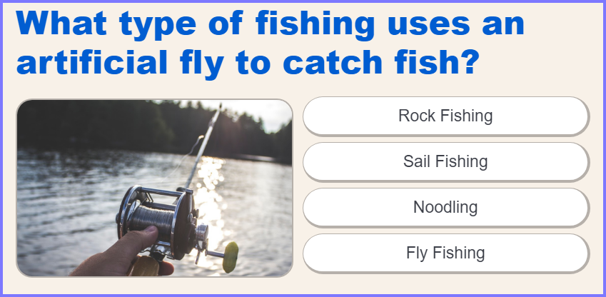US TRIVIA QUIZ * What type of fishing uses an artificial fly to catch fish? * Scree378