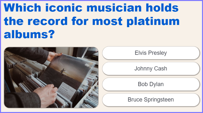 US TRIVIA QUIZ * Which iconic musician holds the record for most platinum albums? * Scree381