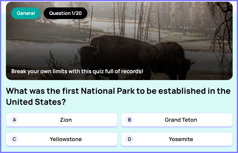 WIZE TRIVIA QUIZ * What was the first National Park to be established in the United States? * Scree395