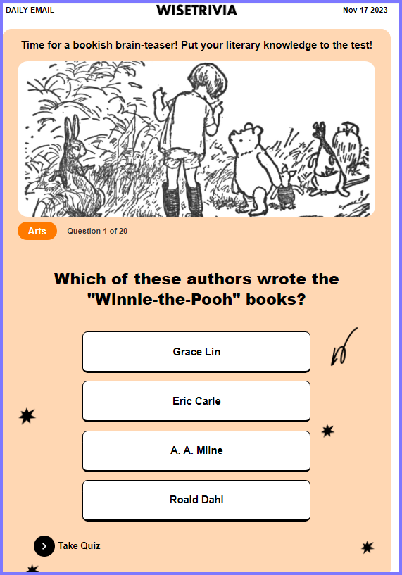WISE TRIVIA QUIZ * Which of these authors wrote the "Winnie-the-Pooh" books? * Screen82