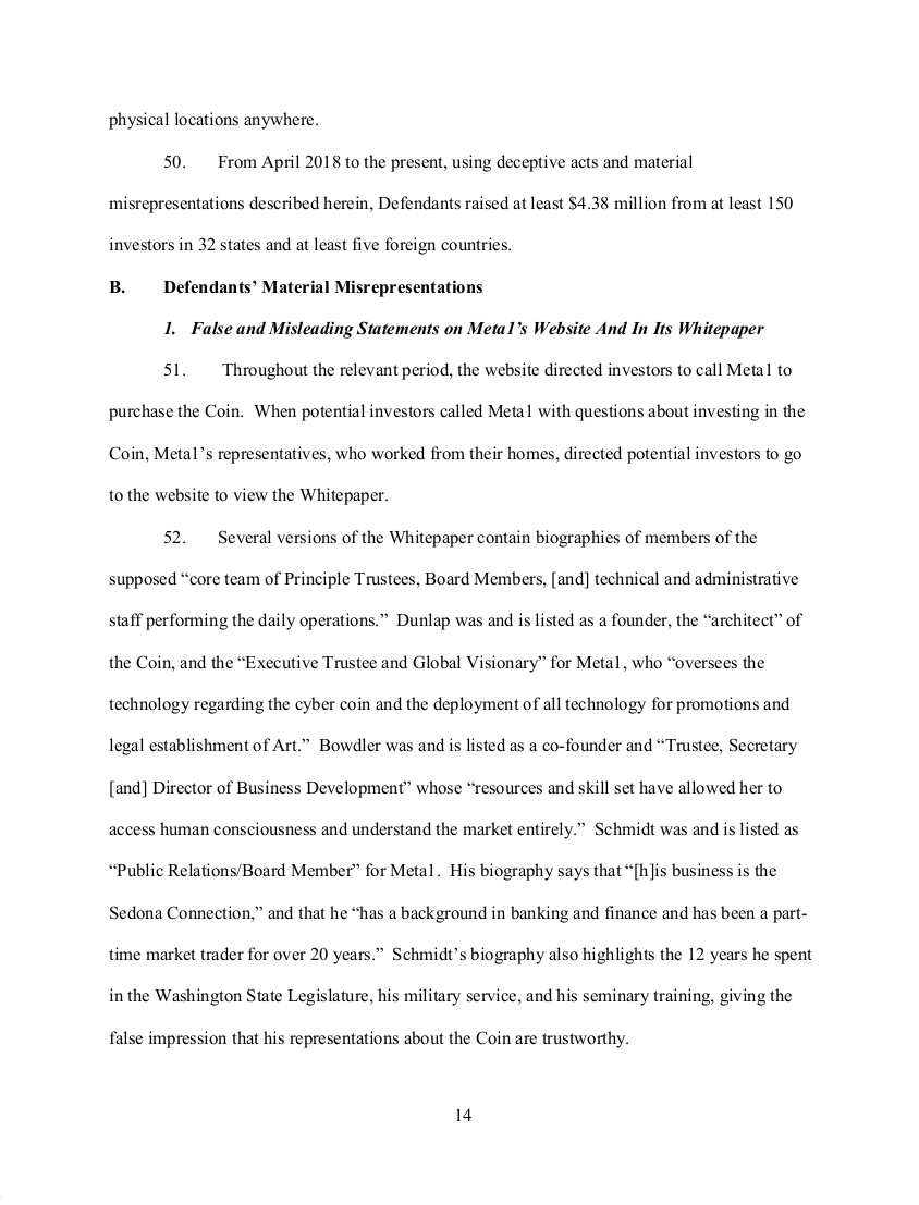 SEC's 28 Page Court Filing For Dave Schmidt's Meta 1 Coin Fraud - RV Guru In Deep Trouble! Sec1410