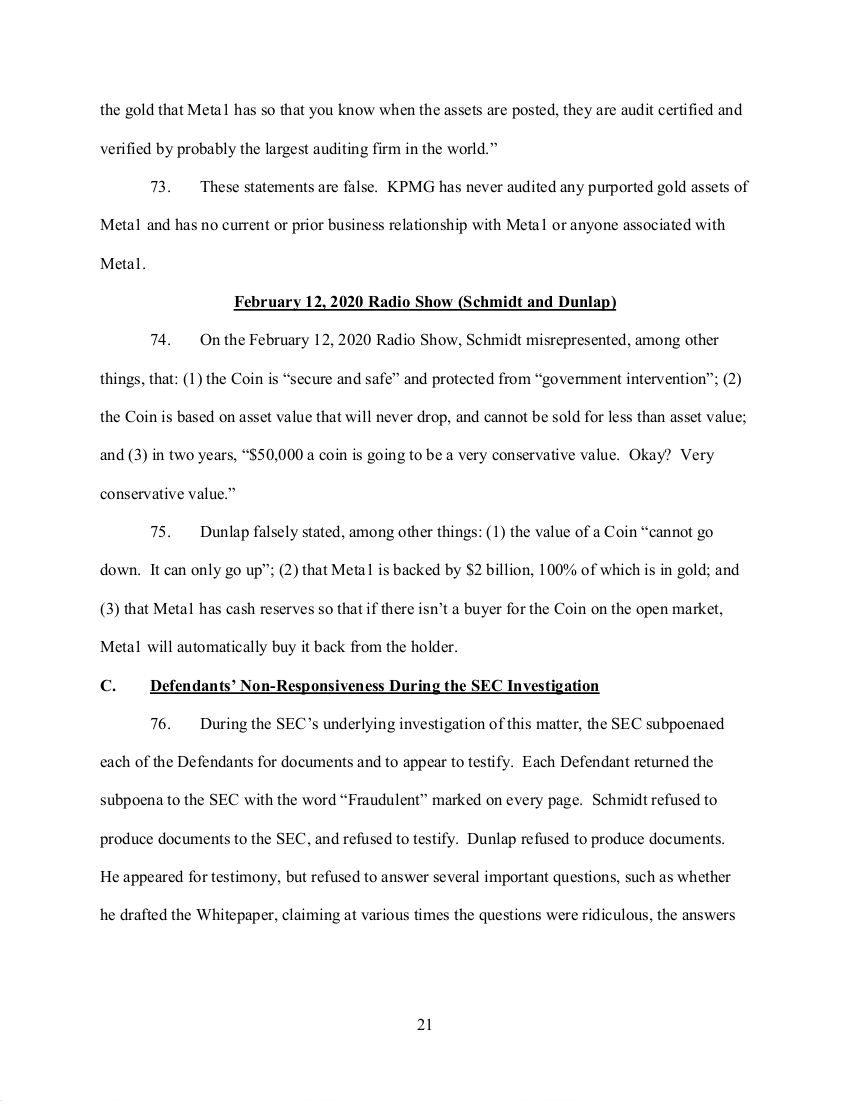 meta - SEC's 28 Page Court Filing For Dave Schmidt's Meta 1 Coin Fraud - RV Guru In Deep Trouble! Sec2110