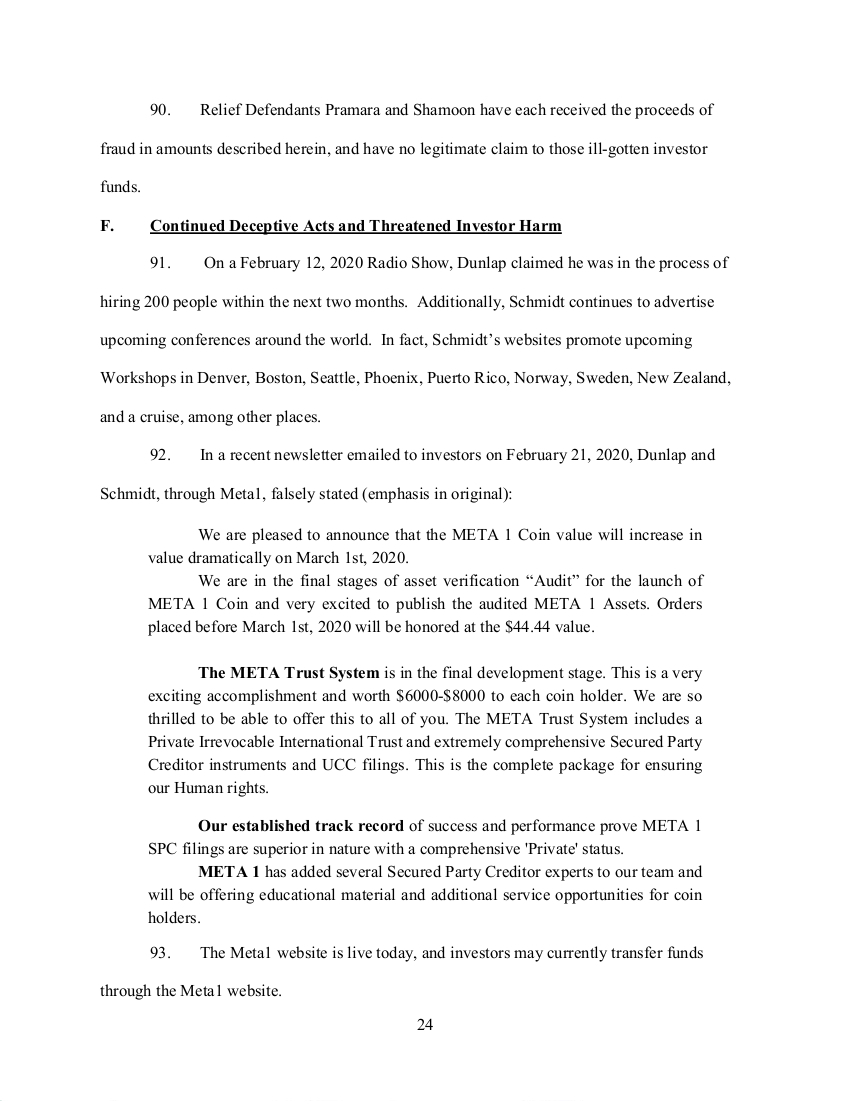 meta - SEC's 28 Page Court Filing For Dave Schmidt's Meta 1 Coin Fraud - RV Guru In Deep Trouble! Sec2410